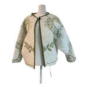 Upcycled Vintage Quilt Coat- Evalyn Green/White Cross Stitch