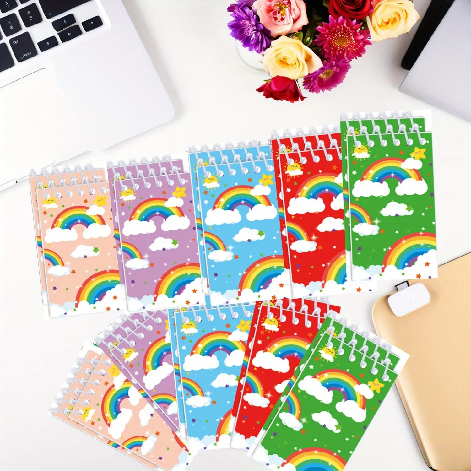 10/20pcs cartoon colorful rainbow cloud design message pad, mini notepad spiral note holder, pocket notebook, Memo Pads, Cute Stationery Supplies, Halloween and Christmas gift
