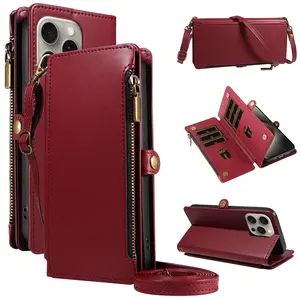 Fashionable Solid Color Phone Case with Card Holder, PU Leather Zipper Wallet Case with Wrist Strap, Phone Accessories for iPhone 15, Protector