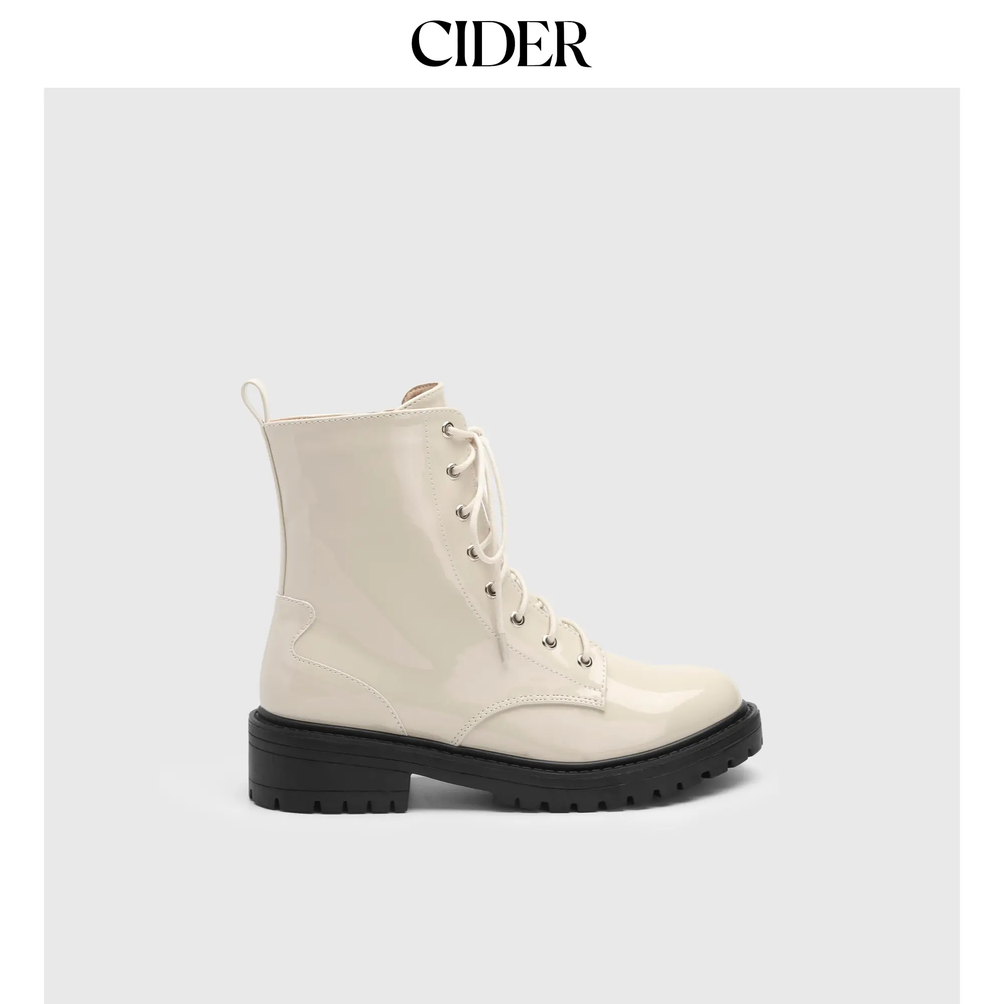 Cider Women's Chunky Faux Leather Ankle Boots, Solid Color Lace-Up Chelsea Style Footwear with Platform Heel, Shoe, Pu, Chunky Heeled, Basic, Plain, Laces