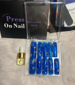 Long Celestial Press On Nails with Blue Color and Star Design Includes Instruction Card and Aftercare Product