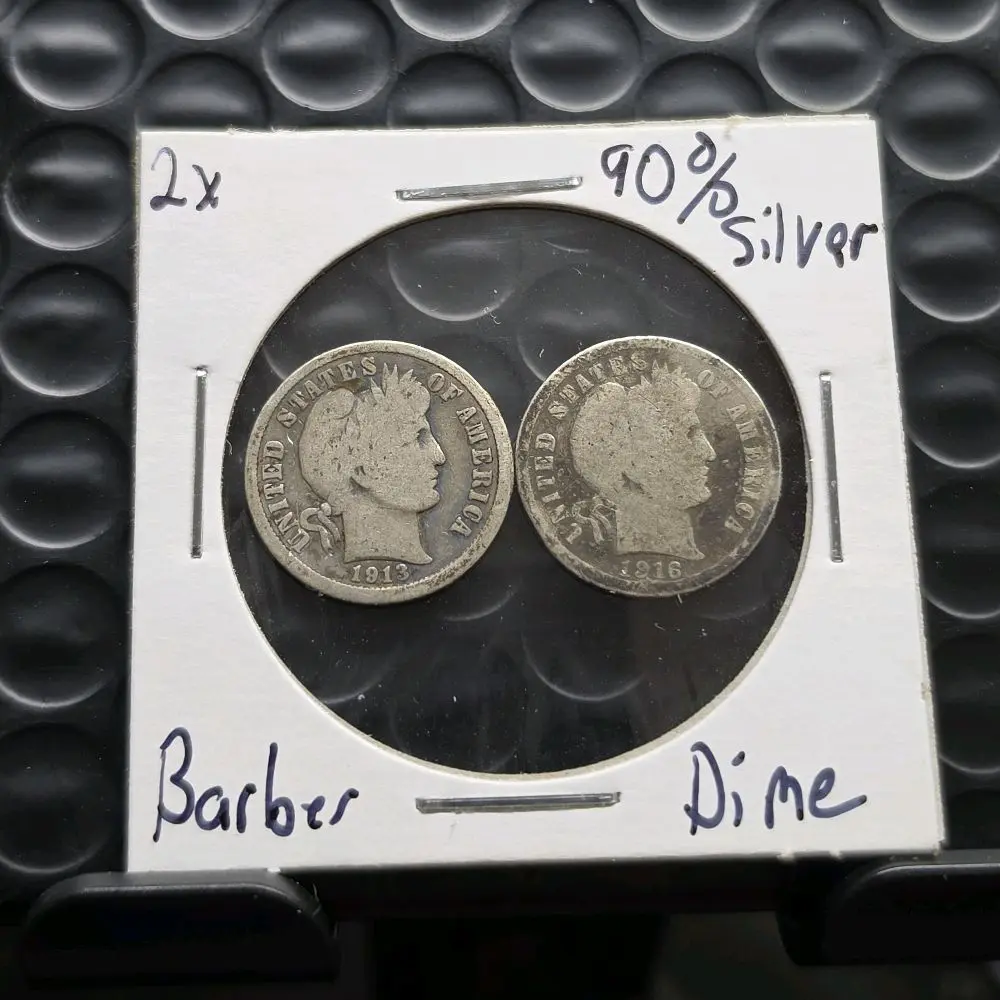 2 Random-Year 90% Silver Barber Dimes Dime Coins Set, Collector Item, Two Coins