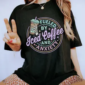 GEM Fueled By Iced Coffee And Anxiety Shirt, Iced Coffee Mama T-shirt, Anxiety Mom Graphic Printed Tee, Viral Unisex Soft Fabric Short Sleeve Tee Shirt For Mom, Mother's Day Gifts, Women's Tops, Womenswear, Cotton Fabric Relaxed Fit Chic Style