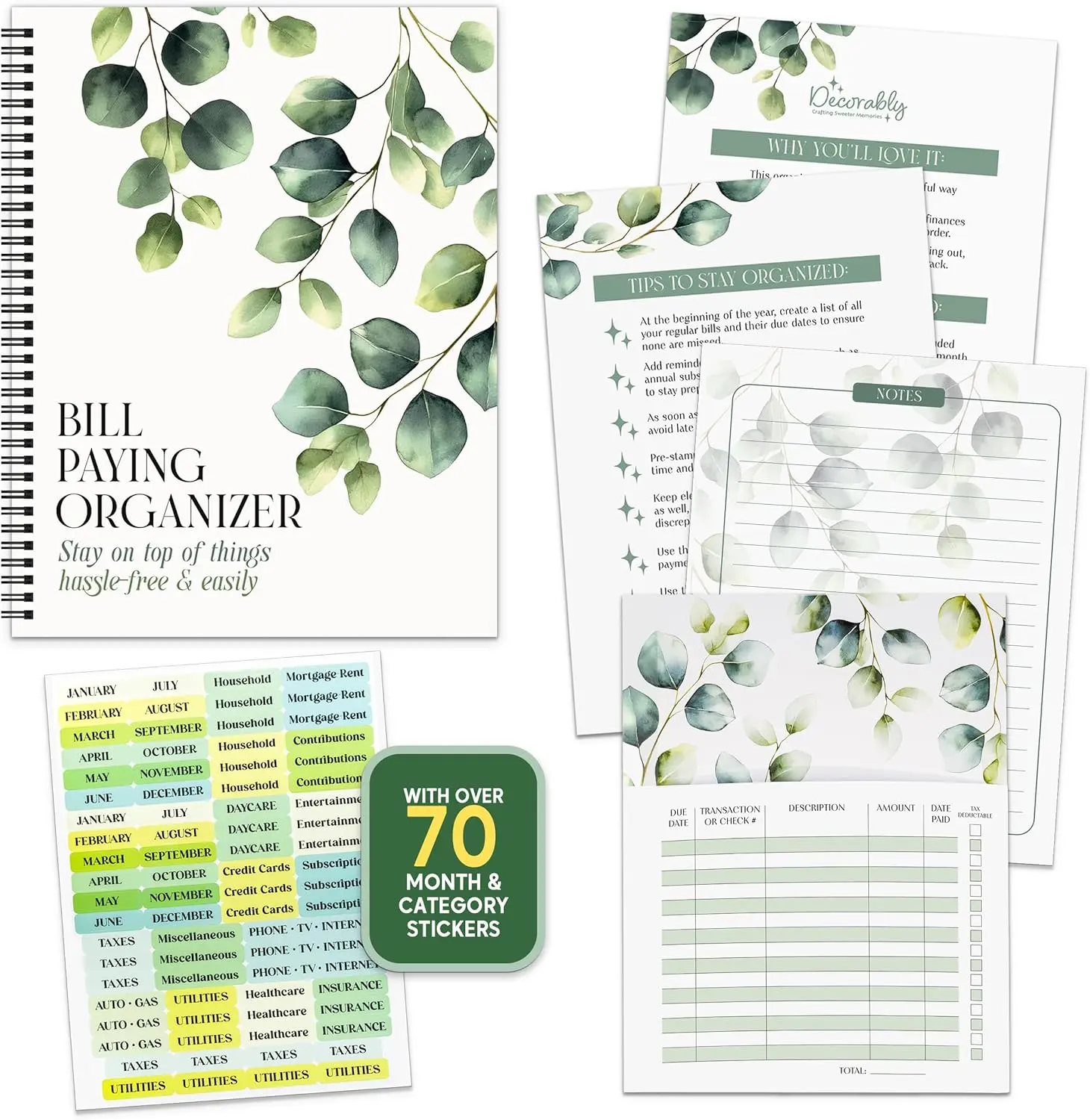Decorably 14 Pocket Pages Undated Eucalyptus Bill Payment Tracker Monthly Organizer, 9x12in Spring-Bound, with Notes and Stickers for Listing Expenses and Receipts - Home, Work, Office
