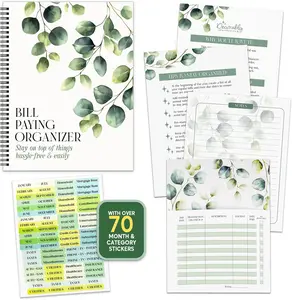 Decorably 14 Pocket Pages Undated Eucalyptus Bill Payment Tracker Monthly Organizer, 9x12in Spring-Bound, with Notes and Stickers for Listing Expenses and Receipts - Home, Work, Office