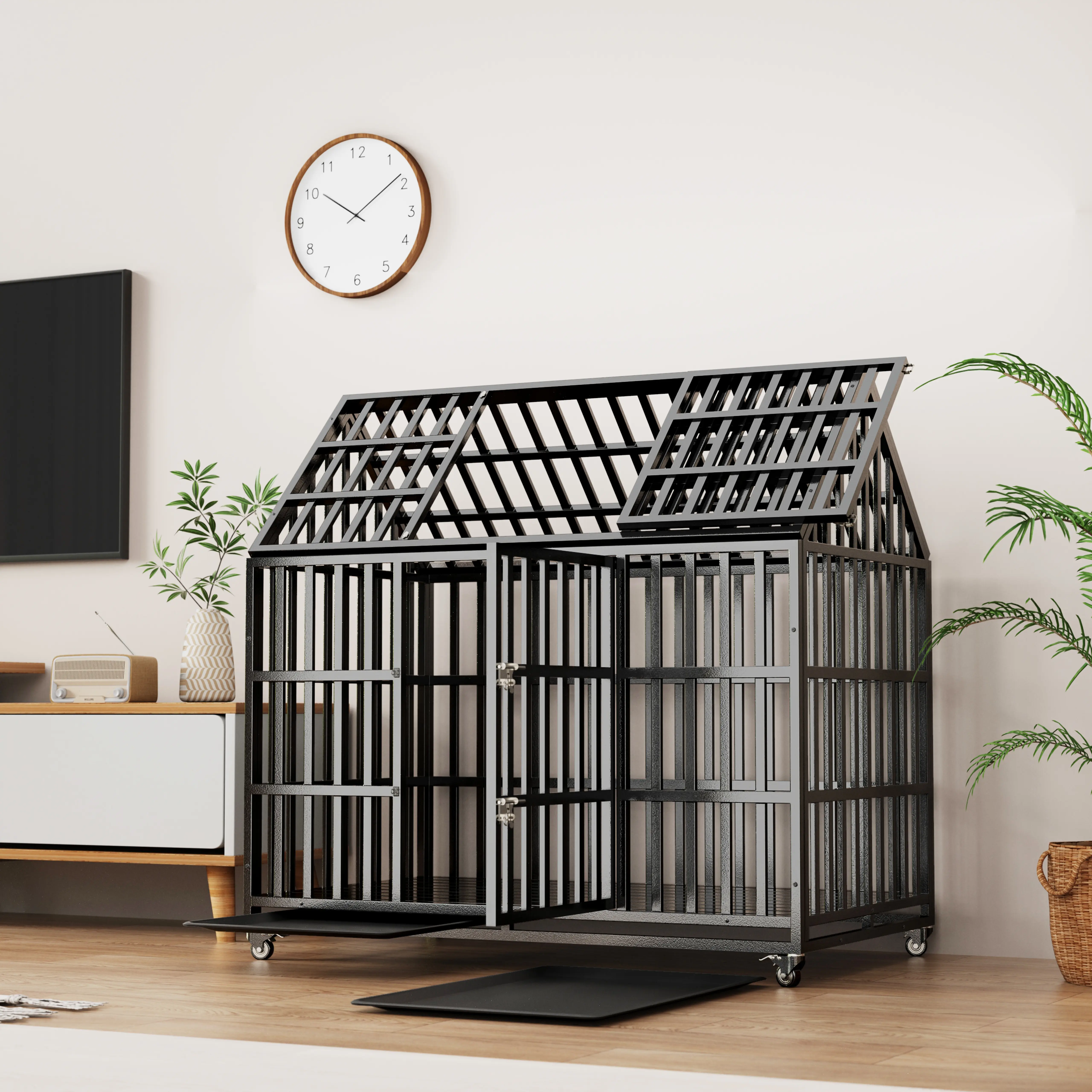 55" Large Heavy Duty Dog Crate with 4 Lockable Wheels, Strong Metal Dog Kennel for Large Dogs, Portable Wire Cage with Double Door & Secure Lock