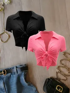 Women's Two-Piece Set Solid Color Bow Short Top, New Fold-Over Knit Cardigan, Knitwear, Slimming Fit, Stylish and Comfortable