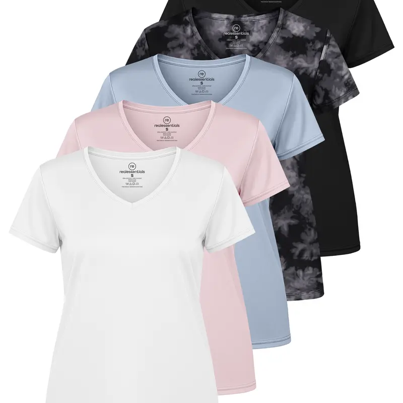 Real Essentials 5 Pack: Women's Dry-Fit Short Sleeve V Neck T Shirt Workout Fitness Yoga Top Tee (Available In Plus Size)