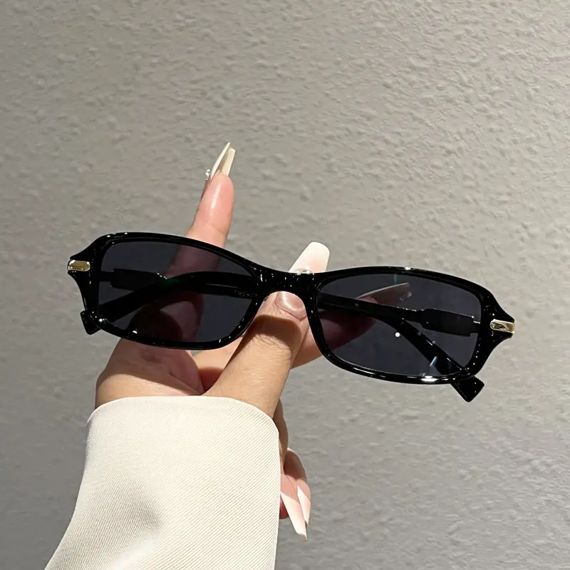 Retro Small Square Sunglasses, Unisex Minimalist Full Rim Eyewear with Spliced Metal Temples, Casual, Versatile, Black-Gray