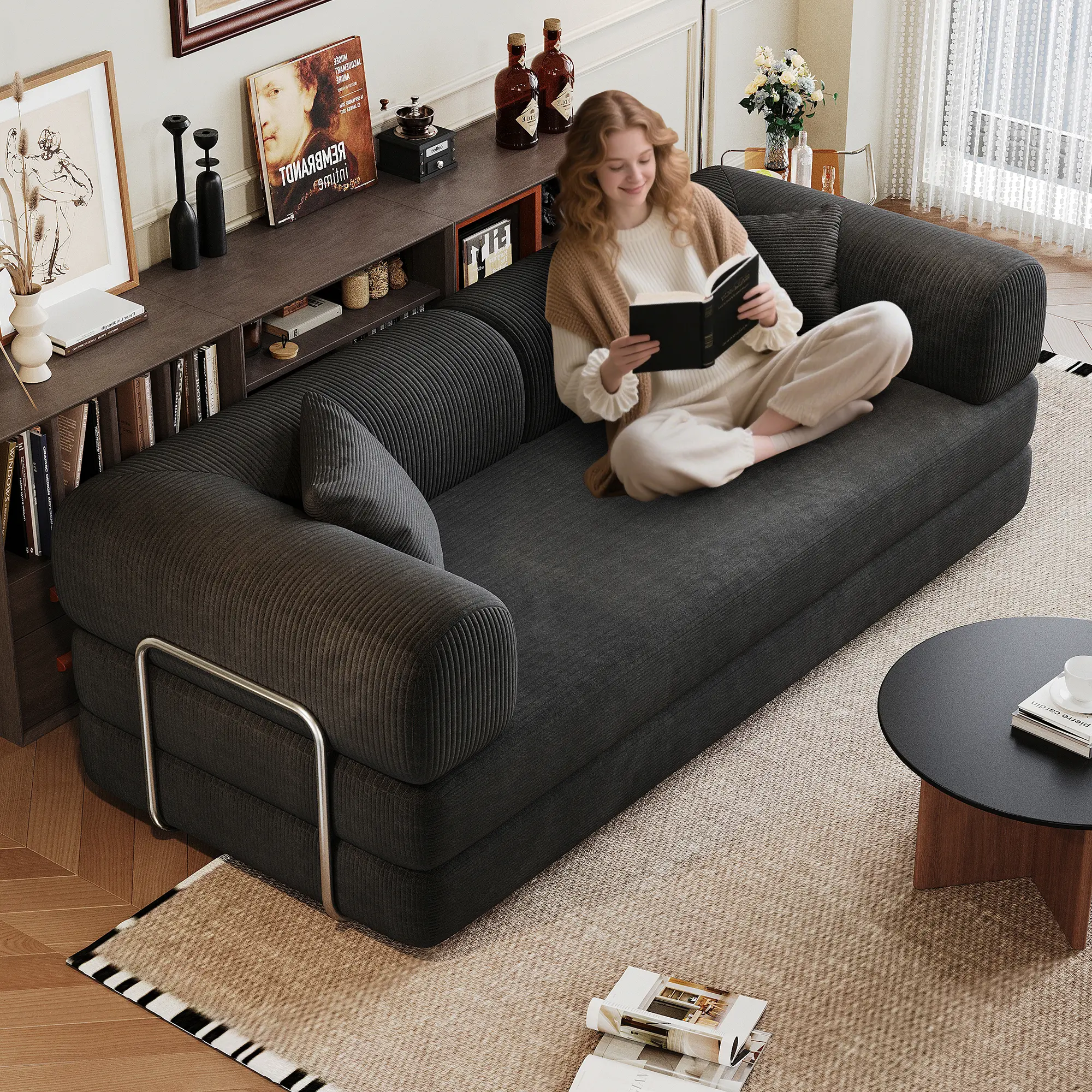 79" Convertible Sleeper Sofa Bed, Modern Corduroy Floor Couch Bed with Silver Fixed-Shape Frame, Modular Sofa with Pull Out Bed, Loveseat Sleeper Boneless Couch for Living Room