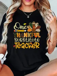 100% Cotton T-shirts One Thankful Substitute Teacher Turkey Leopard Thanksgiving T-Shirt for Men Women