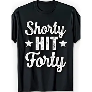 Humorous 40Th Birthday Tee for Both Genders - Shorty Turns Forty Graphic Design, Comfortable Heavyweight, Relaxed Fit Round Neck Short Sleeve, Comical Gift for Turning 40, Casual Wear, Birthday Celebration Outfit, Unisex Adult Funny Age Clothing