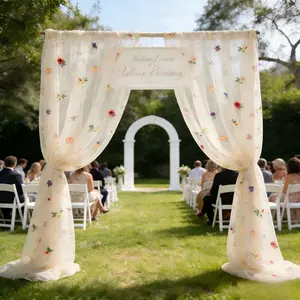 1-piece set, light beige embroidered floral pole mesh, top with pole bag opening, polyester fabric, suitable for wedding ceremonies and party venue decoration, decorative arch/stage background/table flag/dessert table, Wedding Arched Backdrop