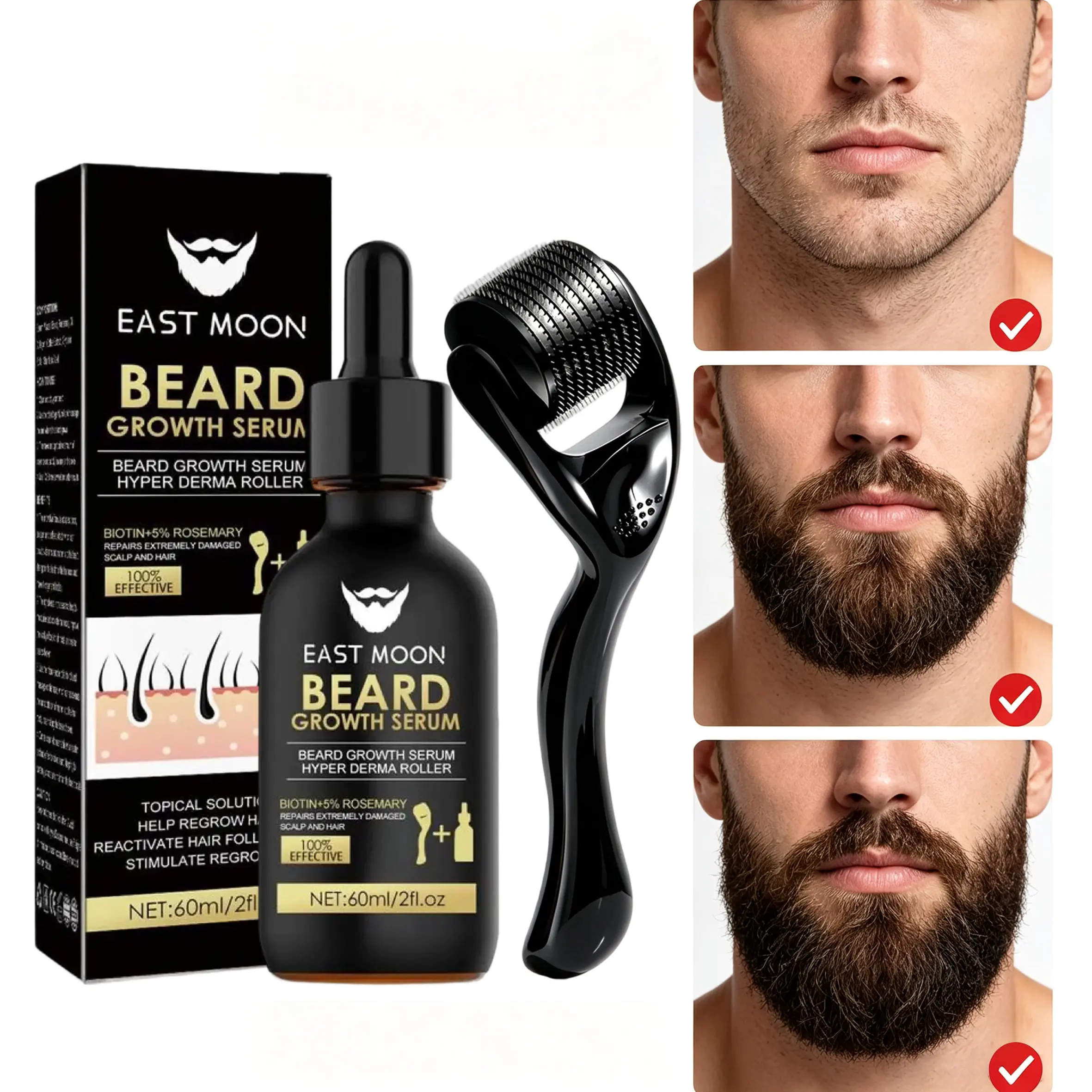 Beard Growth Kit - Beard Growth Serum & Derma Roller, 60ml Nutritional Oil for Thicker Shiny Beards, Fuller Beard Growth, Fills Patchy Spots Fast, Daily Beard Care Tools, Men's Grooming Gifts