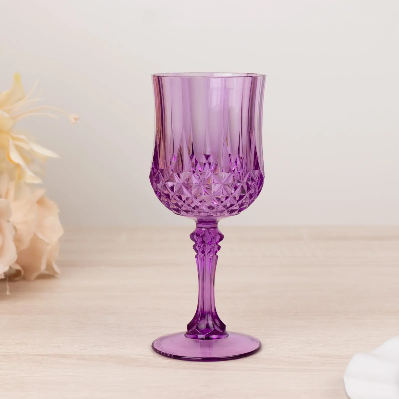 Plastic Wine Glasses Stemless - 6-Pack 8oz Purple Transparent Crystal Cut Shatterproof Cocktail Goblets, Glassware Drinkware