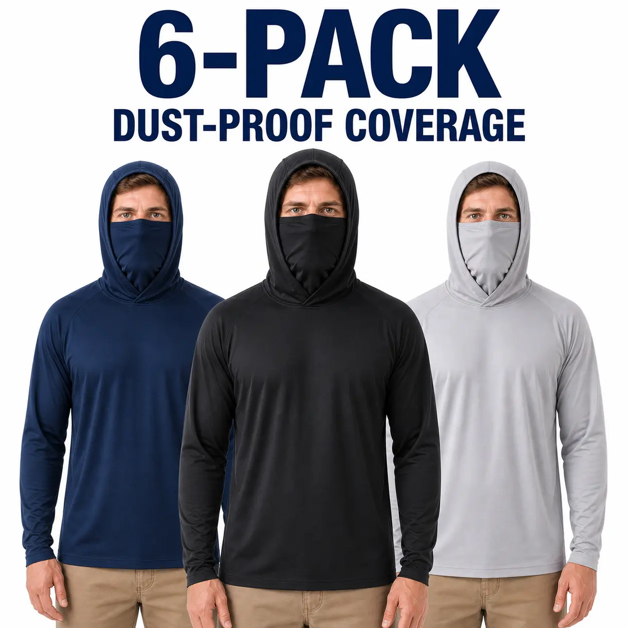 Men's 6-Pack 100% Polyester Regular Fit Hooded Sun Protection Work Shirts - UPF 50+, Quick-Dry, Lightweight, Hip-Length Long-Sleeve Tops with Face Mask, Machine Wash for Outdoors, Landscaping