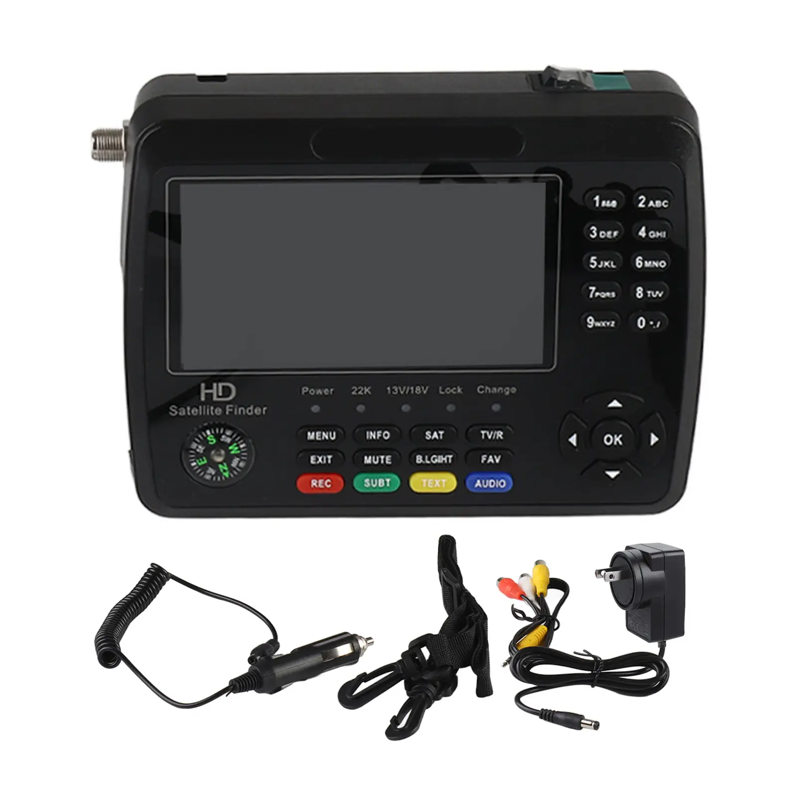 Handheld Digital Satellite Finder with Radio, 4.3-Inch HD LCD, 4000mAh Battery, Automatic ABS Portable Compact Plug-and-Play Design, USB Cable & Power Adapter for AV Receivers, Audio Speaker Compatibility
