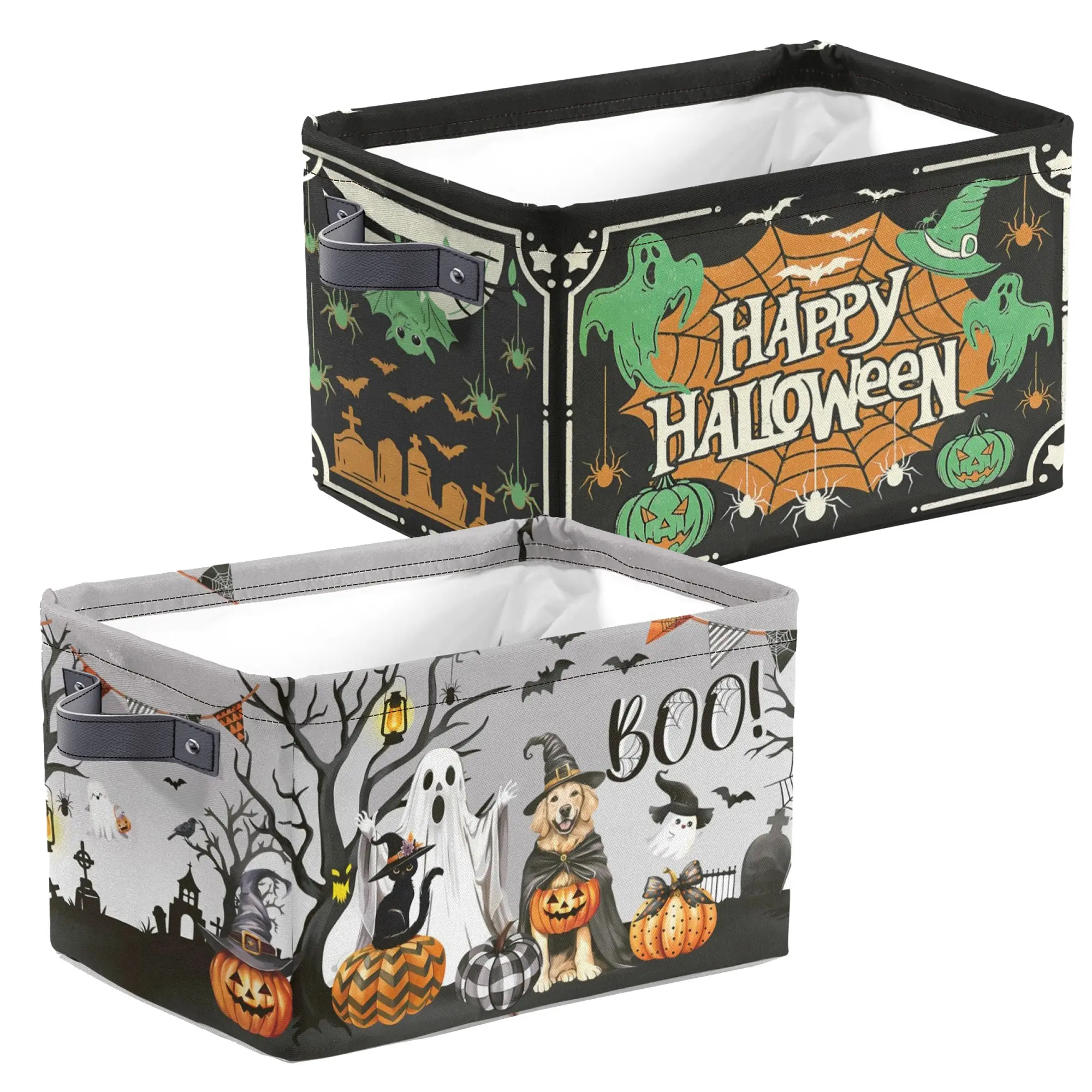Large Foldable Halloween Spider Web Decorative Storage Basket with Pumpkin, Black Cat, Bat Designs - Home Organiser for Home Decoration and Storage
