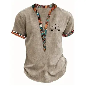 Men's Patchwork Ethnic Geometric Pattern Half Button Front Shirt, Casual Soft Fit, Graphic Short Sleeve Mock Neck Top for Summer, Men's Clothes for Daily Wear