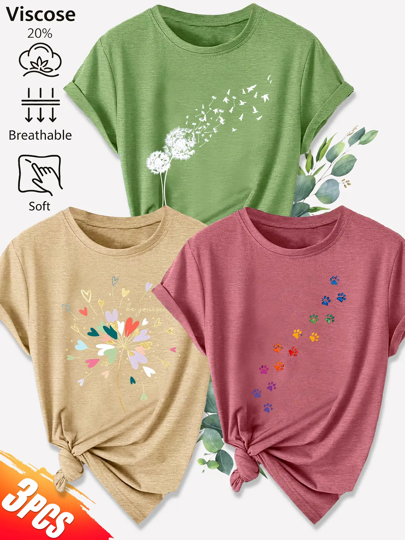 Women's 3-Pack Casual Printed Short Sleeve T-Shirt, Dandelion with Hearts & Paw Prints Print, Multiple Colors, Machine Washable, Spring & Summer Top, Soft & Breathable, Daily Wear, Fashion Design