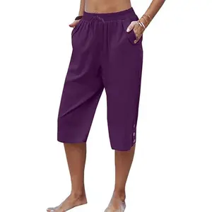 Women's Summer Capri Pants, Elastic Waist Drawstring Casual Cropped Trousers with Pockets, Button Detail Loose Fit Lightweight Capris