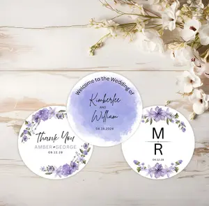 Purple Floral Monogram Label, Personalized Name Sticker, Thank You Labels, Wedding Favor Stickers