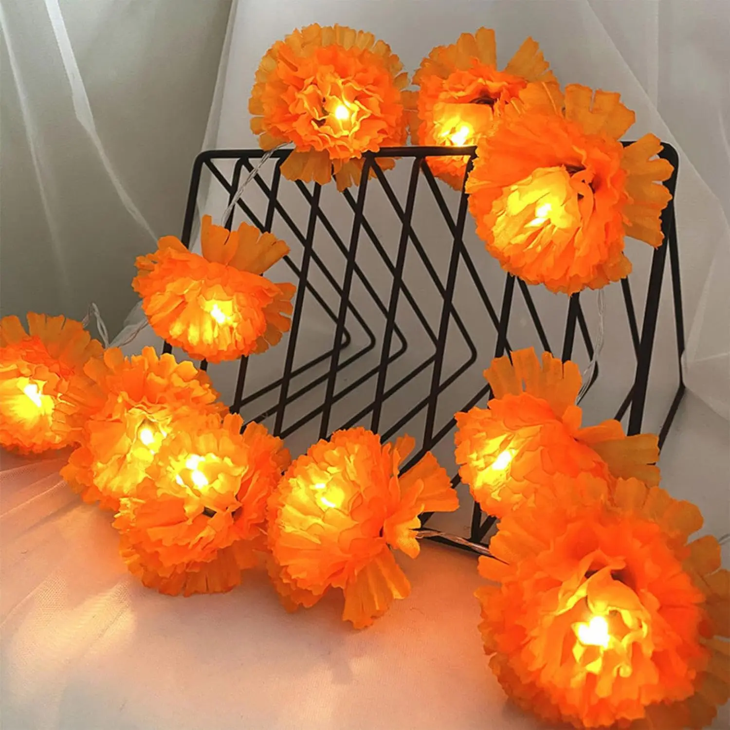 Autumn Halloween Wreath Lights String, 10 Feet 20 LED Marigold Flowers Battery Powered Light Up Garlands Decorations for Dia De Los Muertos Party