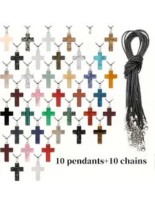10Pcs Natural Stone Pendant with 10Pcs Mixed Color Rope Cross Shaped Black Faux Leather Cord DIY Jewelry Making Supplies Festival Gift