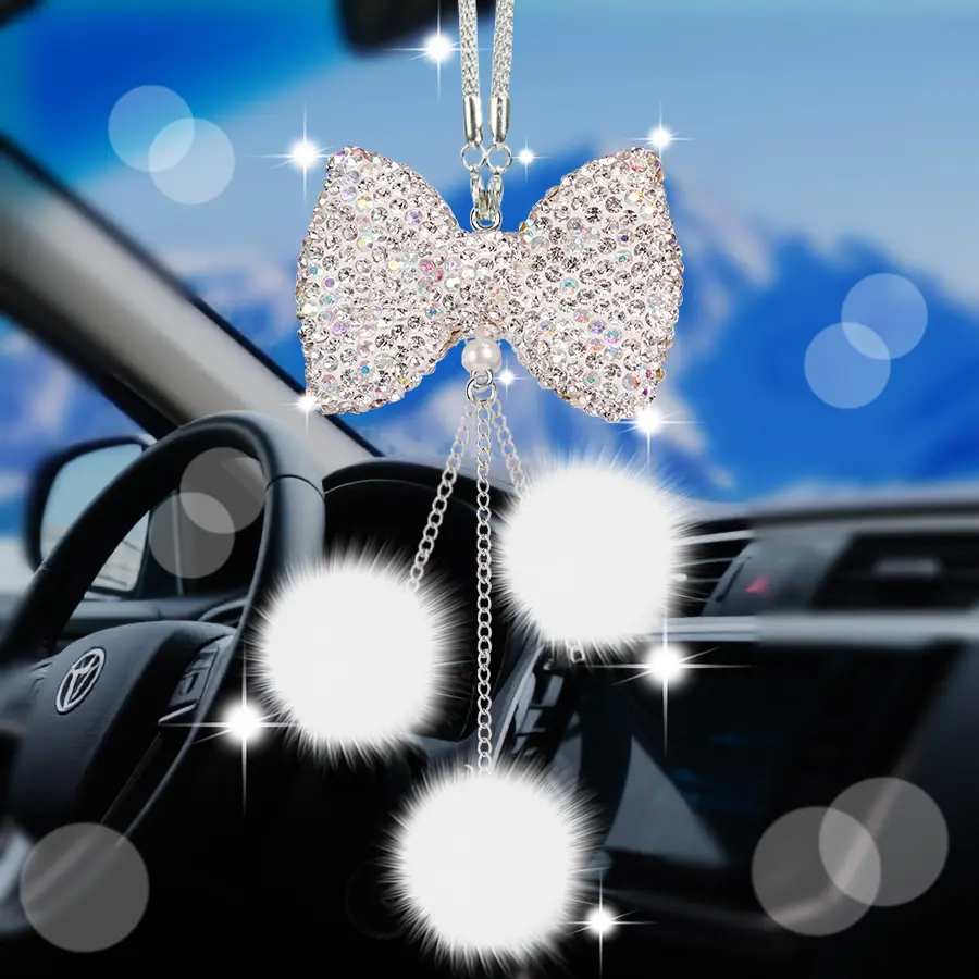 Luxury Rhinestone Bow Pompom Car Ornament, Girly Cute Car Interior Accessory, Rearview Mirror Pendant Charm, Girly Car Accessories