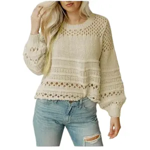 White Crochet Hollow Out Lantern Long Sleeve Sweater Knitwear Lightweight Cute Womenswear Casual Knitted