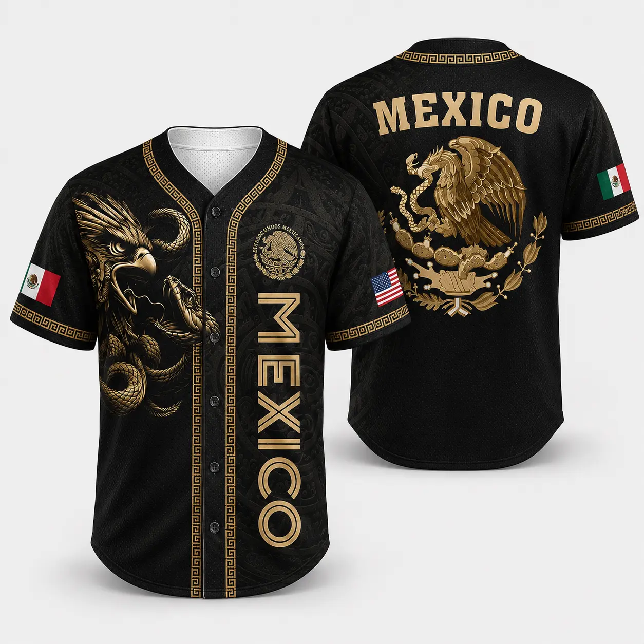 Mexican-Inspired Black Gold Eagle Snake Button Front Graphic Shirt, Aztec Pattern Short Sleeve Casual Top for Men