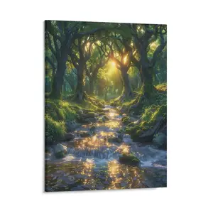 Green Forest Canvas Posters Wall Art Prints Tropical Rain Forest Flowing Stream Trees Home Wall Aesthetic Living Room Bedroom Office Decor Festival Gift