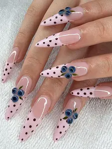 Blueberry Polka Dot Almond Press On Nails, Berry French Tip Nail Art, Cute Fruit Nails, Cottagecore Nails, Pink and Blue Nail Set