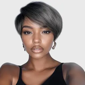 Salt and Pepper Grey Wig Human Hair Natrual Grey-White Layered Short Pixie Cut Wigs Human Hair for Women Wear and Go Glueless Wig with Bangs