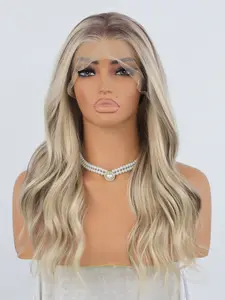 MACA BAKA Violet Ash Blonde Ombre Highlight Lace Front Wig with Scandinavian Hairline Low Density 16 Inches Long Natural Wavy HD Synthetic Lace Front Wigs for Women Pre Plucked