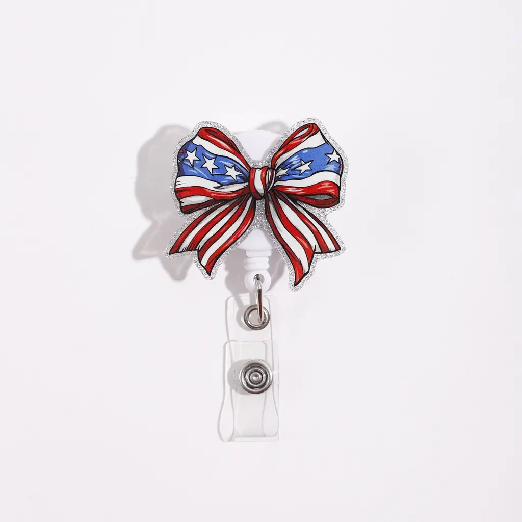 American Flag Bow Badge Reel, Expandable Clip with Glitter Edge, Transparent Card Holder, Perfect for Patriotic Events & Decorations
