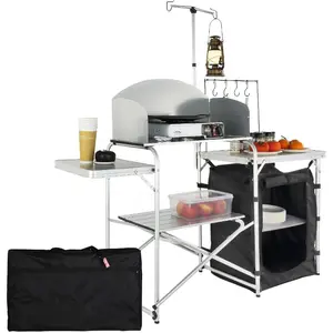 VEVOR Camping Kitchen Table, Outdoor Camp Cooking Table, Aluminum Portable Cook Station with 3 Storage Cupboard, Carrying Bag, Detachable Windscreen, Quick Set-up for BBQ Party Picnic RV Travel, BlackVEVOR Super Brand Day