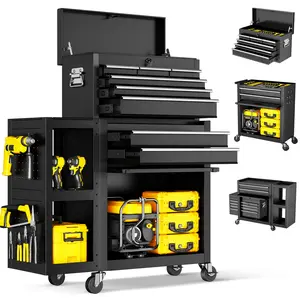 Heavy Duty 8-Drawer Rolling Tool Chest, Detachable Metal Tool Box with Lock, Wheels & Side Hooks, Large Capacity Garage Tool Organizer, Black/Red