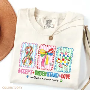 Comfort Colors Autism Accept, Understand, Love T-shirt, Autism Mama Graphic Tee, Autism Puzzle and Bow, Autism Awareness Shirt, Gift for Autism Mom