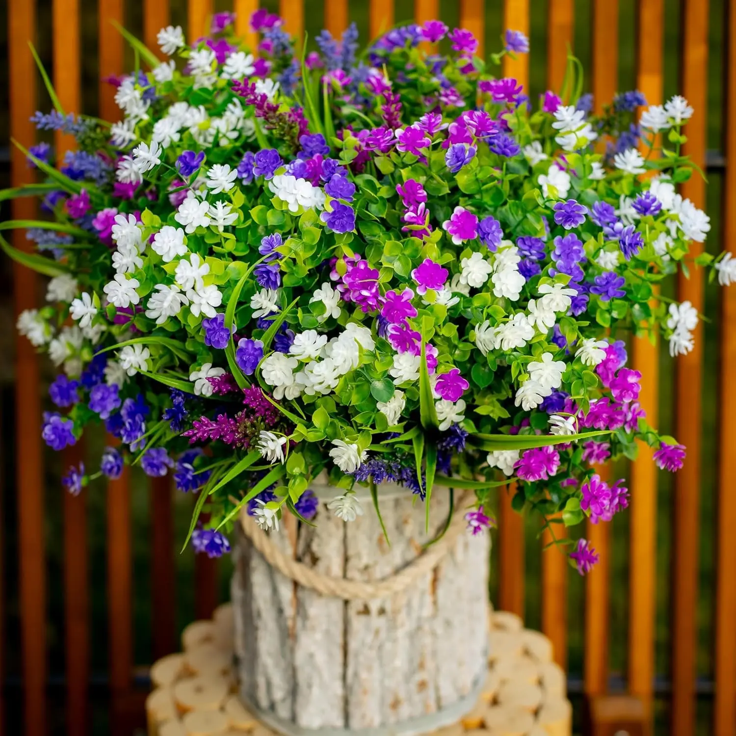 Artificial Flowers Bouquet for Outdoors Fake Plants - Lifelike Artificial Flower 12 Bundles Faux Outside Greenery Boxwood No Fade Plastic Shrubs Home Decor Farmhouse Garden (Mixed, 3 Colors Magenta Purple White)