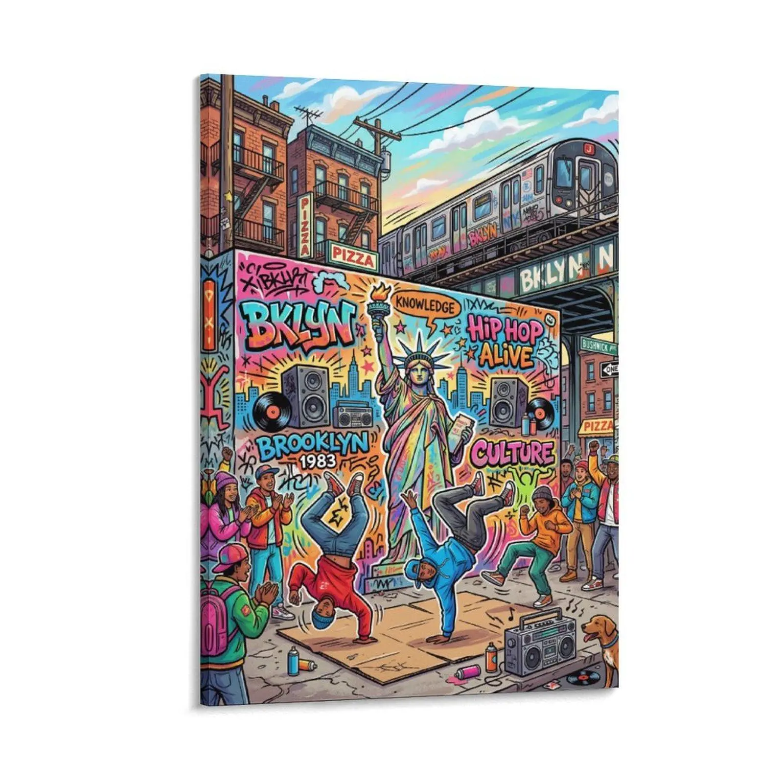 1pc Frameless Rectangular Canvas Art Print - Colorful Hip-Hop Graffiti Brooklyn 1983 Design with Breakdancing, Statue of Liberty - Decorative Indoor Wall Decor for Living Room, Hip Hop Culture Enthusiasts
