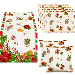 7pcs,Gingerbread Christmas Table Runner Set, 7-Piece Dinner Mats and Pillow Covers, Farmhouse Winter Holiday Kitchen Decor