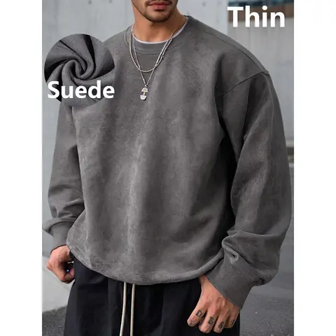 Retro thin polyester fiber material suede round neck long sleeved sportswear, ribbed cuffs and hem, loose oversized soft fleece fabric, casual silhouette, minimalist streetwear, low-key modern men's style