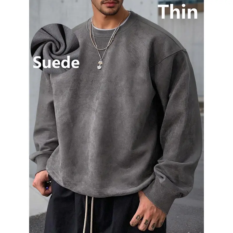 Retro thin polyester fiber material suede round neck long sleeved sportswear, ribbed cuffs and hem, loose oversized soft fleece fabric, casual silhouette, minimalist streetwear, low-key modern men's style