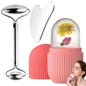 LMMAKE Ice Roller & Facial Massager Set - Reusable Silicone Ice Cube Mold, Stainless Steel Gua Sha, Calming Skincare Tools for Face, Neck, Gift, Reduces Puffy Eyes, Acne & Dark Circles