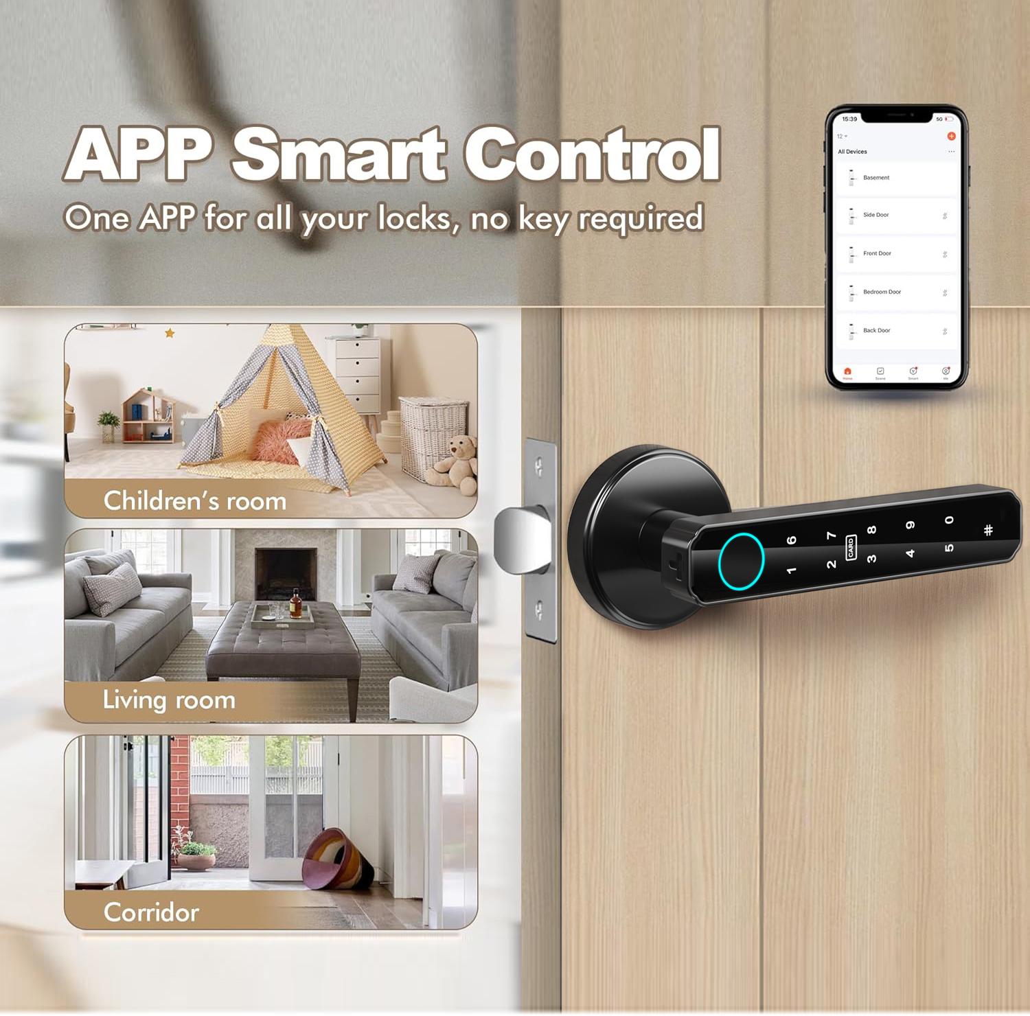 [Father's Day Gift]Smart Fingerprint Door Lock with App Control, 1 Count Keyless Entry Lock with Keypad Handle, Digital Electric Biometric Smart Door Lock for Bedroom, Keyless Entry Door Handle - Spring Glow Up