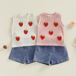Toddler Baby Girl Summer Outfit Waffle Knit 3D Strawberry Tank Tops and Denim Shorts 2 Piece Set Summer Clothes