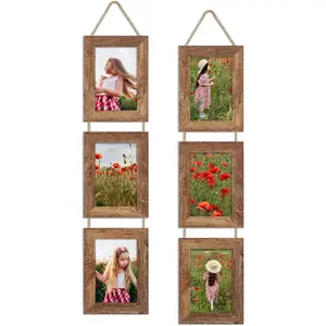 4x6 Collage Picture Frames Set of 2, Rustic Wooden Real Glass Vertical Hanging 3 Opening 4 by 6 Photo Frame, Rustic Brown