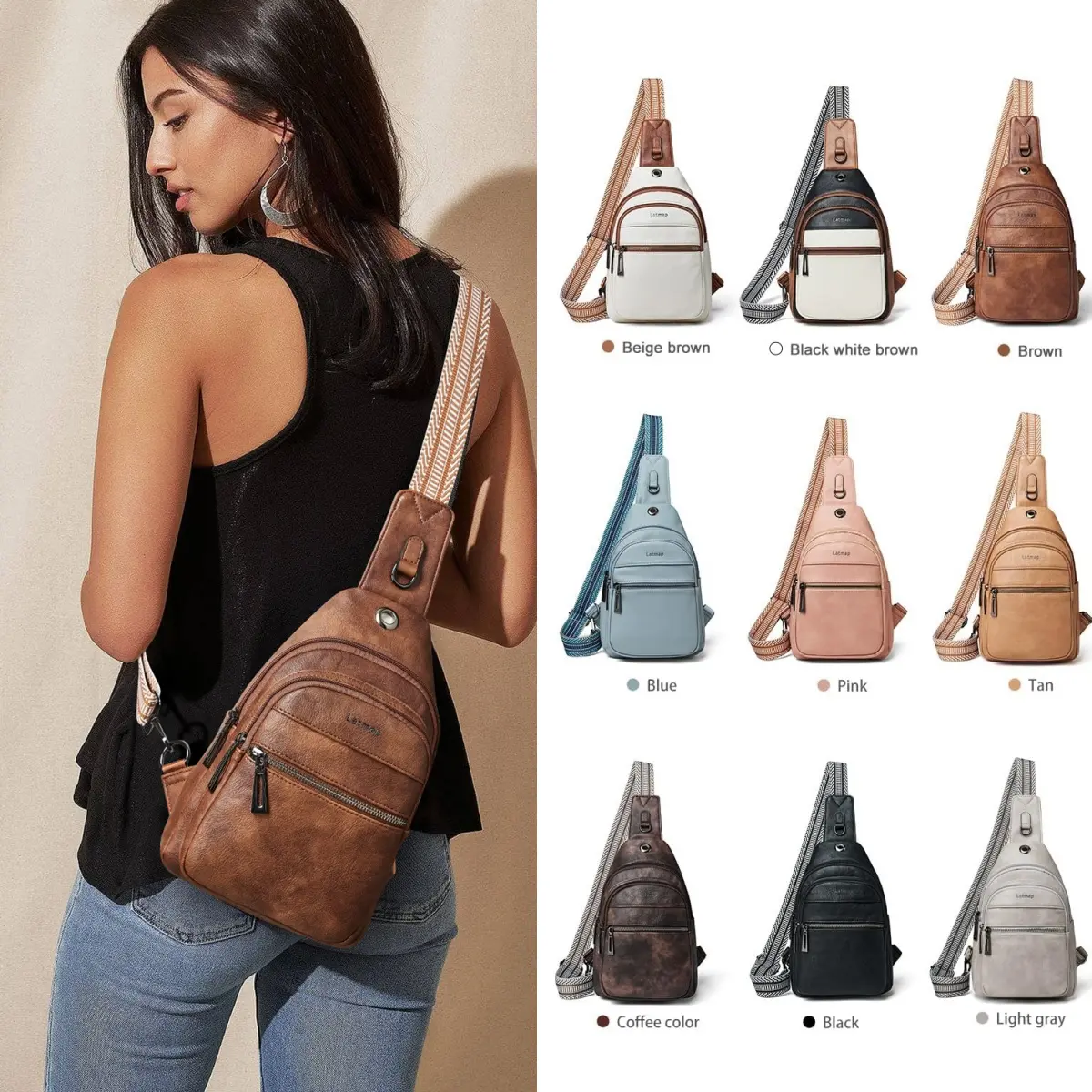 Crossbody Sling Backpack Faux Leather Multi-Pocket Casual Daypack Travel Polare Cowhide Leather Waterproof Casual Daypack Sling  main image 3