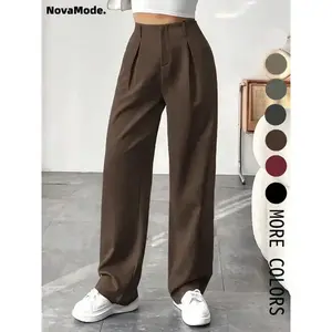 Women's Solid Color Plicated Pocket Wide Leg Pants, Elegant Zipper Fly Trousers for Work Office Business, Ladies Spring & Fall Clothes